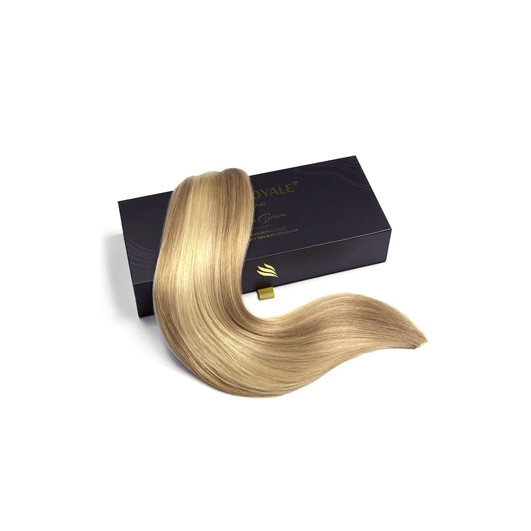 Biscuit Blondey (#18/613) Remy Royale Hair Weft Hair Extensions: extension and packaging