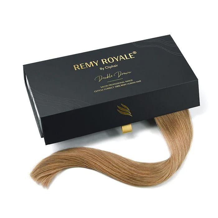 Lightest Brown (#18) Remy Royale Nano Ring Hair Extensions: extension and box
