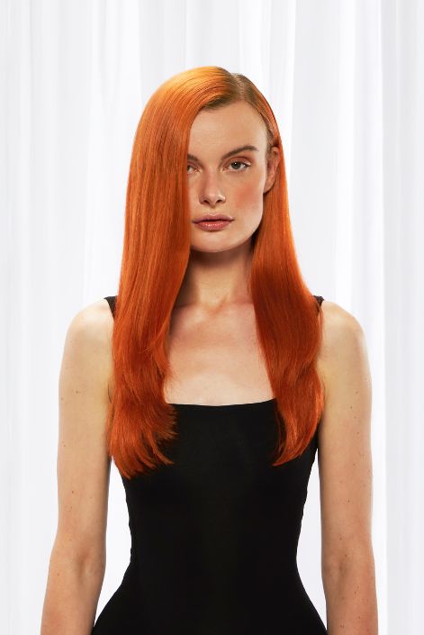 model after adding flaming ginger hair extensions