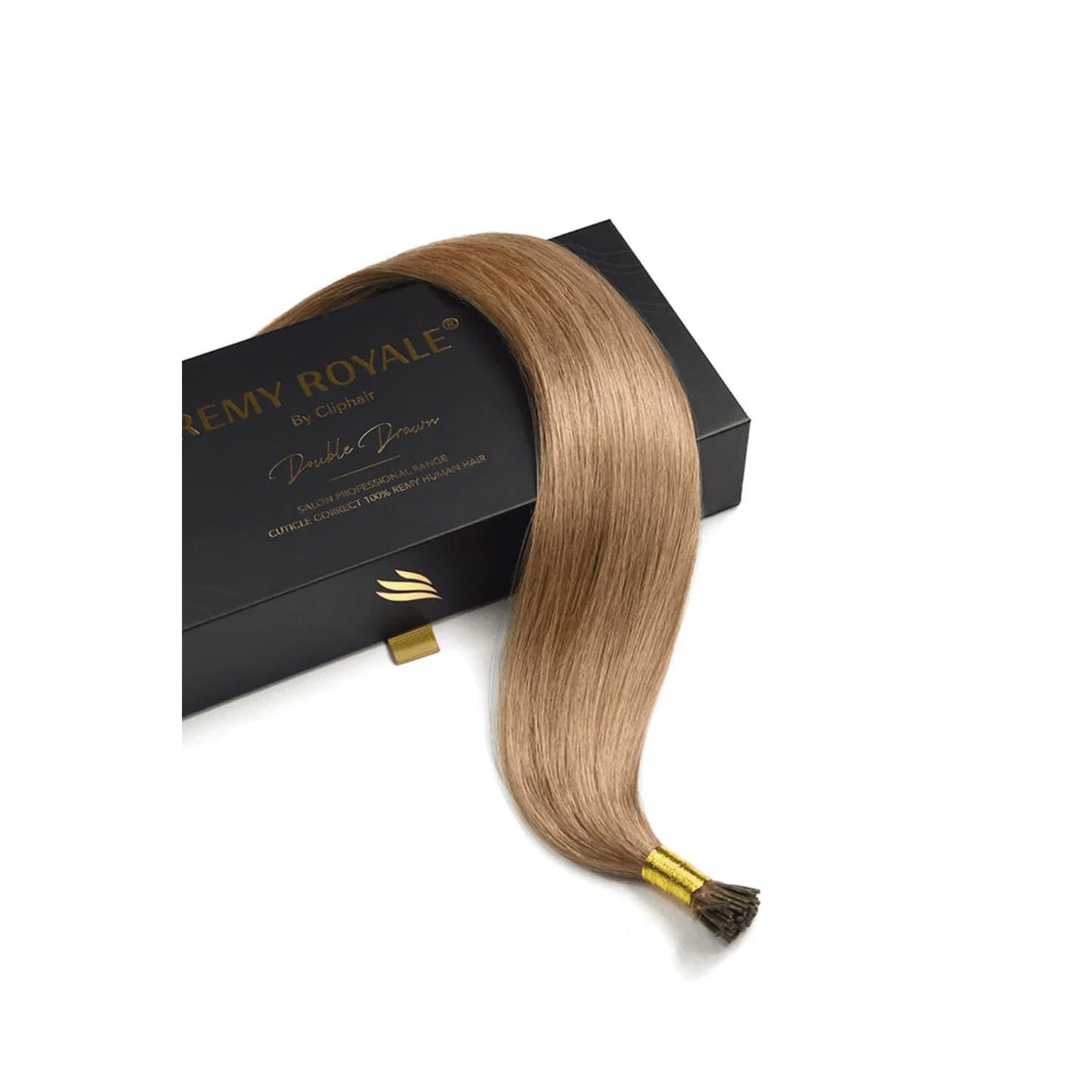 Lightest Brown (#18) Remy Royale I-Tip Hair Extensions: extension and box