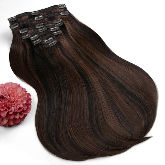 Double Wefted Full Head Remy Clip in Human Hair Extensions -  Espresso Melt (#2/4/6)