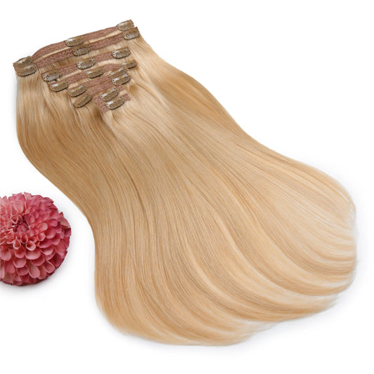 Double Wefted Full Head Remy Clip in Human Hair Extensions - Strawberry/Ginger Blonde (#27)
