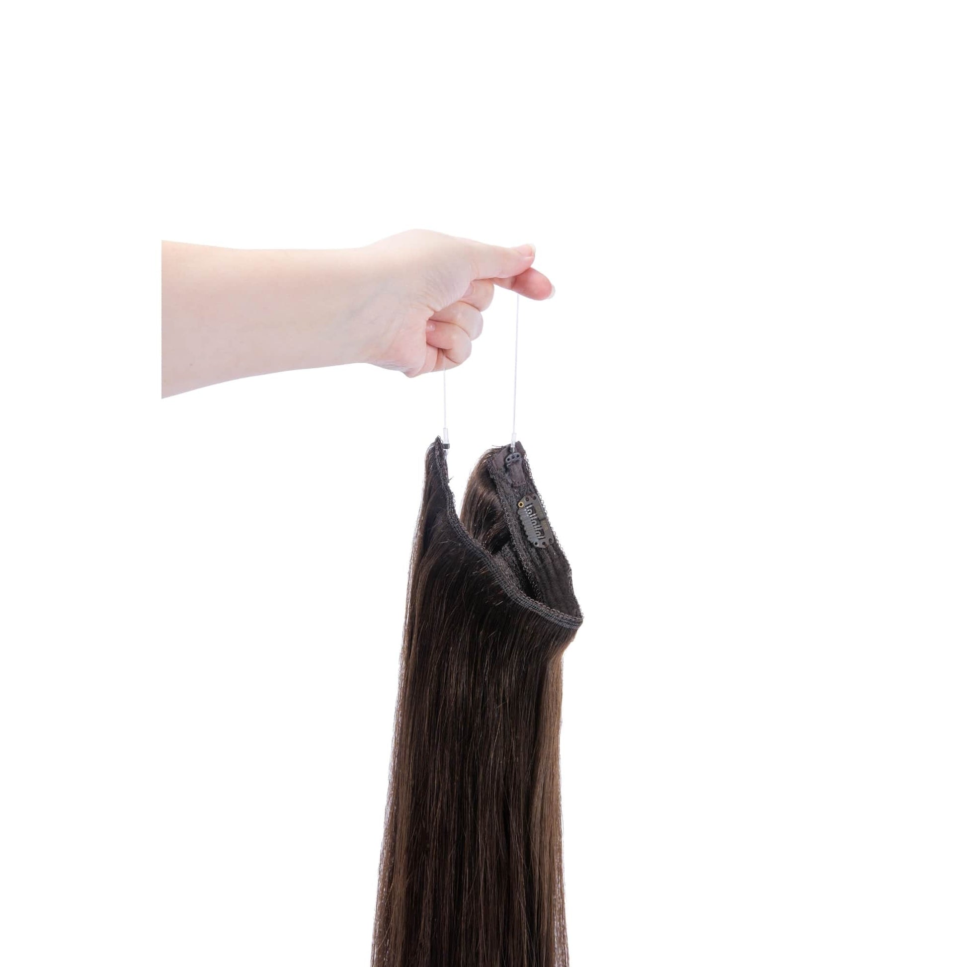 Hand Holding Dark Brown (#3) Halo Hair Extensions