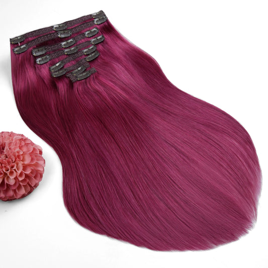 Double Wefted Full Head Remy Clip in Human Hair Extensions - Plum/Cherry Red (#530)