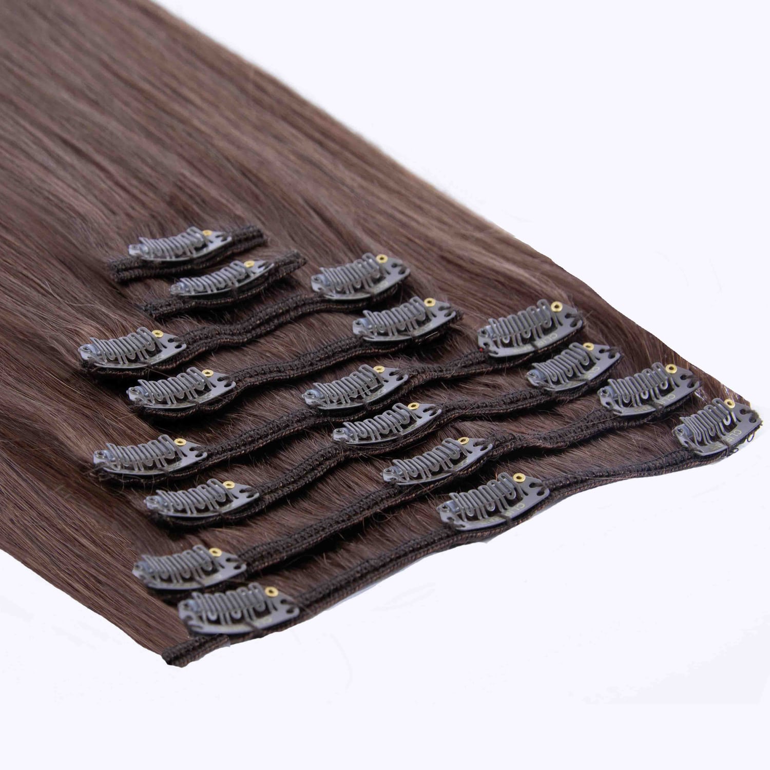 Light/Chestnut Brown (#6) Full Head Clip In Hair Extensions - Attachment method