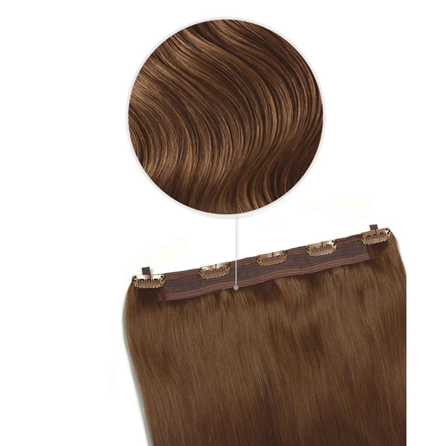 Light/Chestnut Brown (#6) Quad Weft Clip In One Piece Hair Extensions - Attachment method