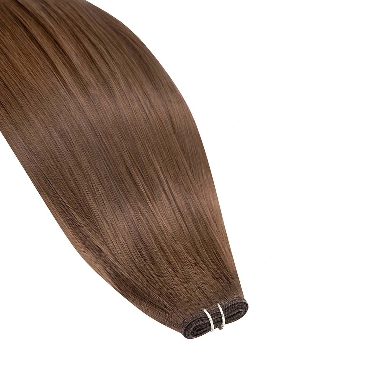 Light Brown (#6) Remy Royale Flat Weft Hair Extensions - Hair extension zoomed in