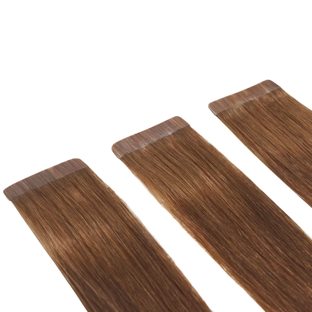 Light Brown (#6) Remy Royale Double Drawn Tape Hair Extensions - Attachment method 