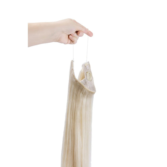 Lightest Blonde (#60) Halo hair Extensions: hand holding extension