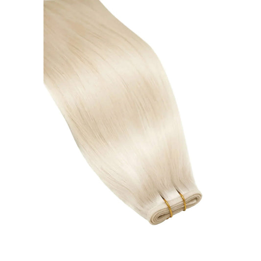 Lightest Blonde (#60) Remy Royale Flat Weft Hair Extensions: Extension close up