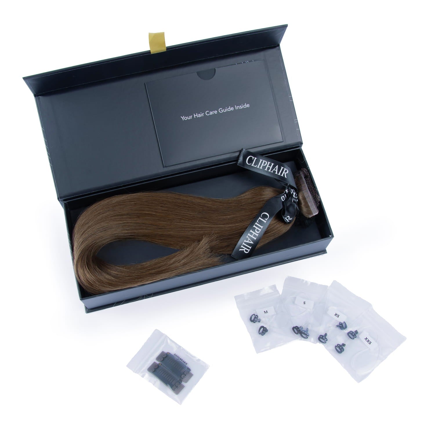 Mousey Brown (#6B) Halo Hair Extensions: extension and packaging