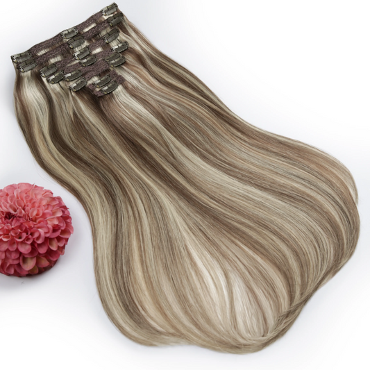 Extensions de cheveux humains Remy à clips, double trame, tête entière, blond sale (#9/613)