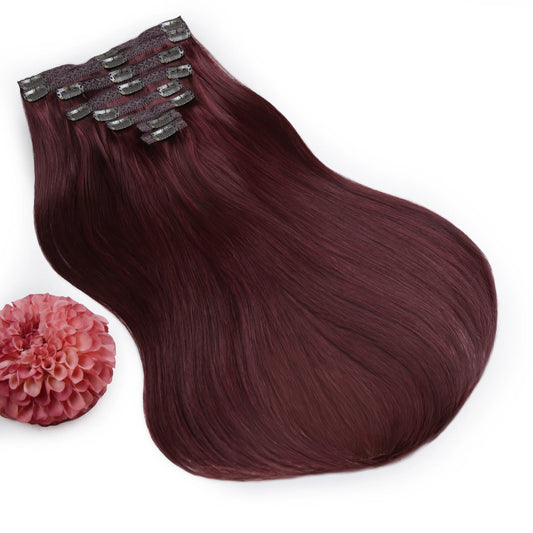 Double Wefted Full Head Remy Clip in Human Hair Extensions -Mahogany Red (#99J)