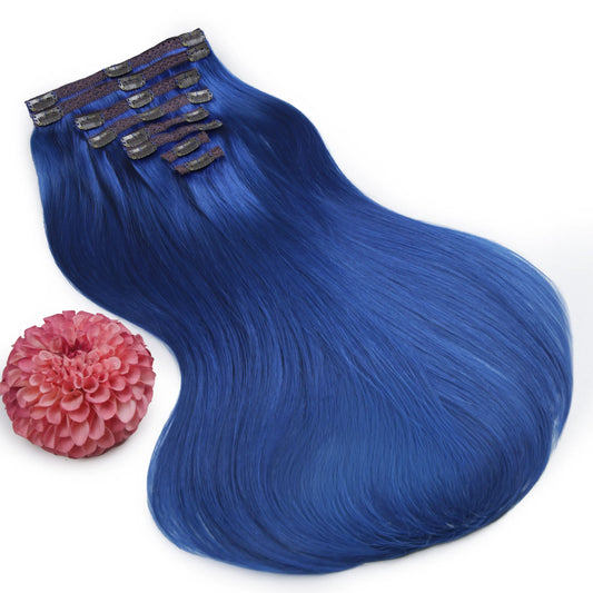 Double Wefted Full Head Remy Clip in Human Hair Extensions - Blue