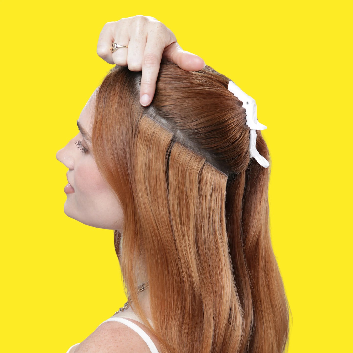 Light Brown (#6) Remy Royale Invisible Tape In Hair Extensions in use