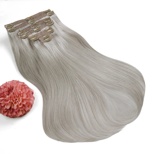 Extensions de cheveux humains Remy à clips, double trame, tête entière, argent/gris (#SG)