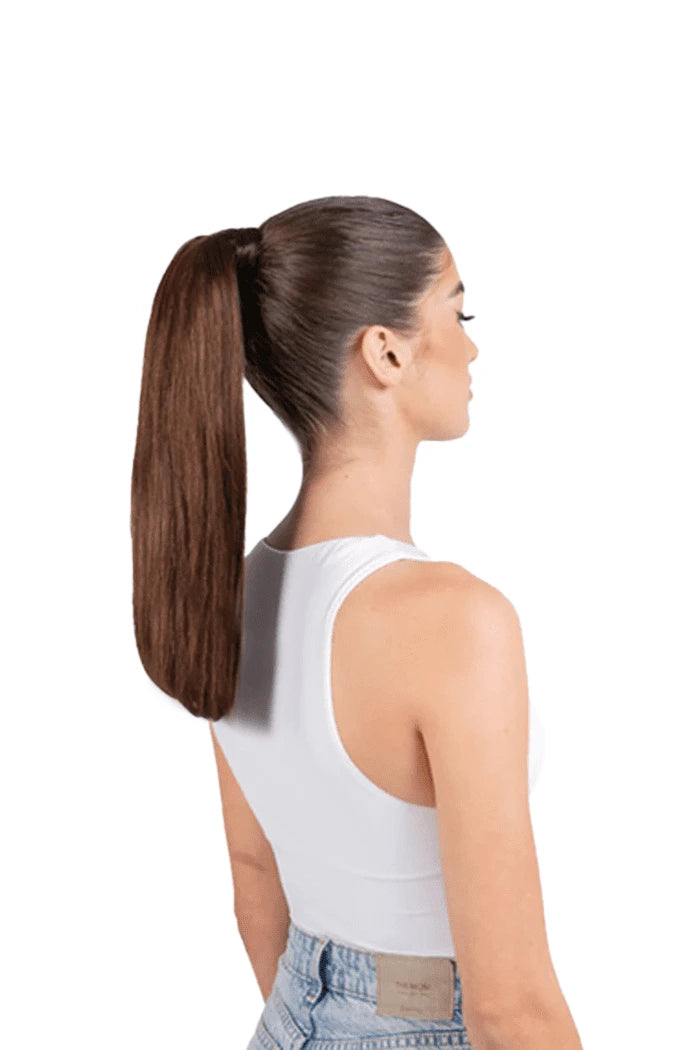 model wearing a 14" straight up wrap around ponytail