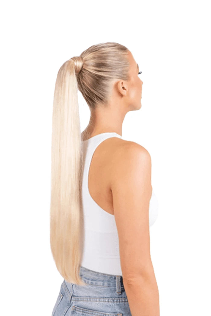 model wearing a 24" straight up wrap around ponytail