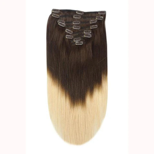 Extensions de cheveux humains Remy à clips double trame pleine tête - Ombre miel expresso (#T2/27)