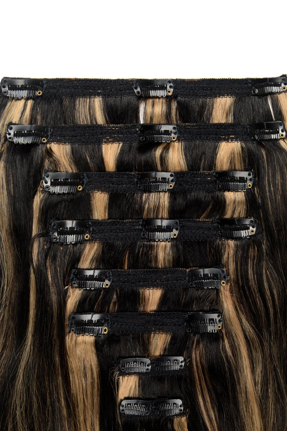 Double Wefted Full Head Remy Clip in Human Hair Extensions - Natural Black/Blonde Mix (#1B/27)