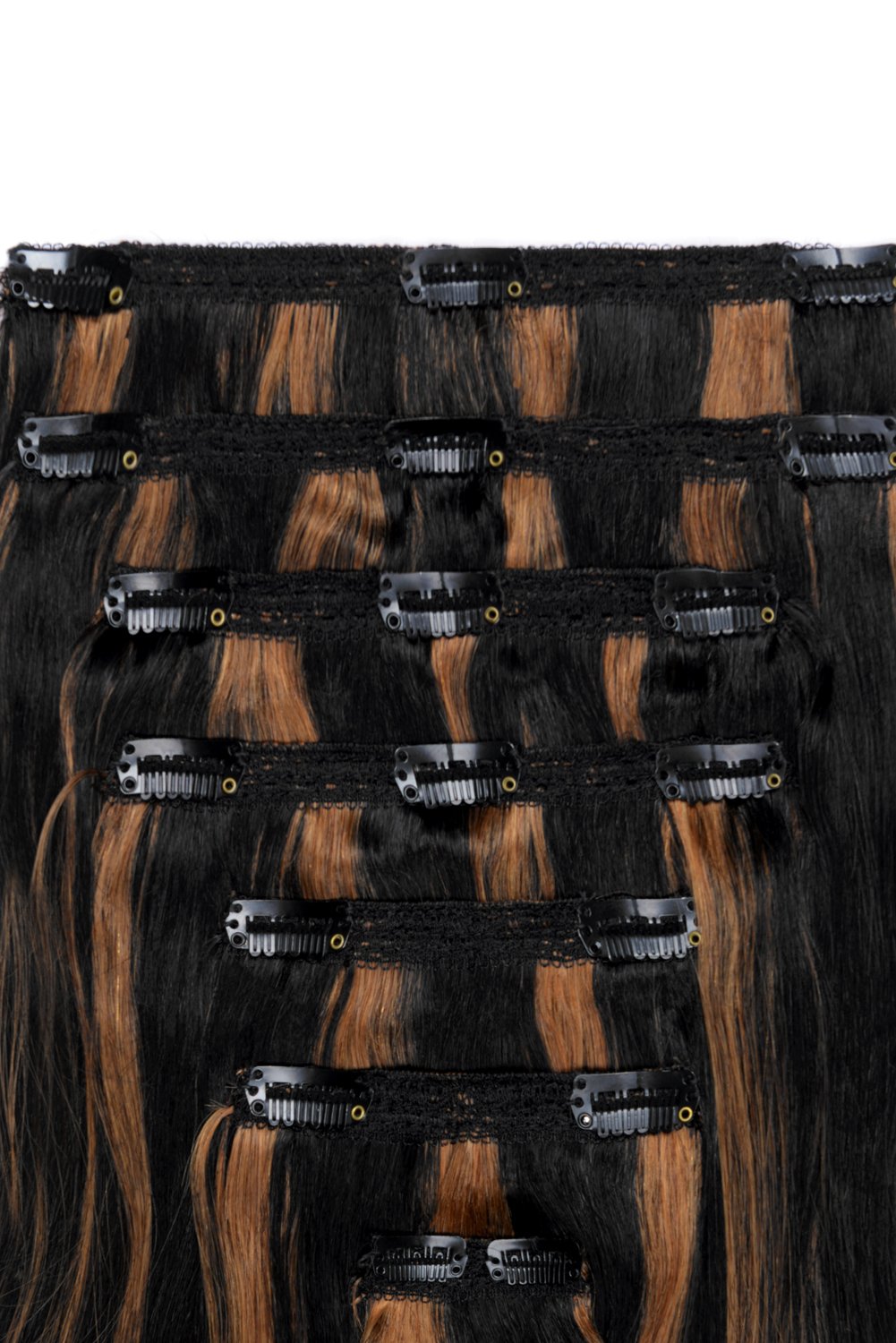 Double Wefted Full Head Remy Clip in Human Hair Extensions - Natural Black/Auburn Mix (#1B/30)