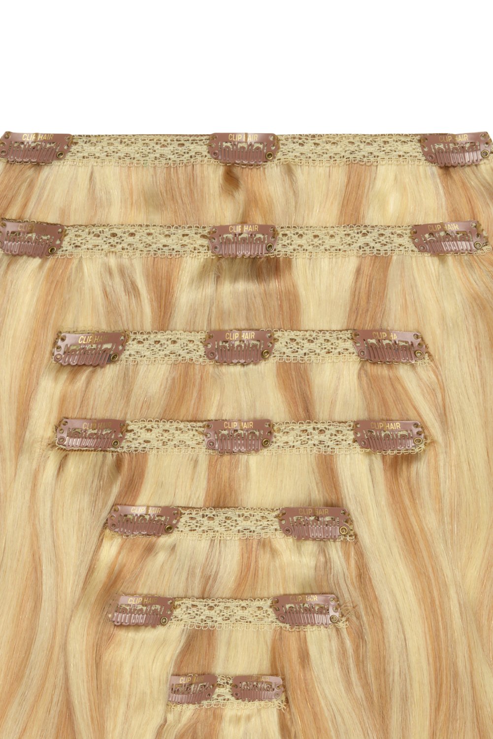 Double Wefted Full Head Remy Clip in Human Hair Extensions - Peaches & Cream (#27/613)