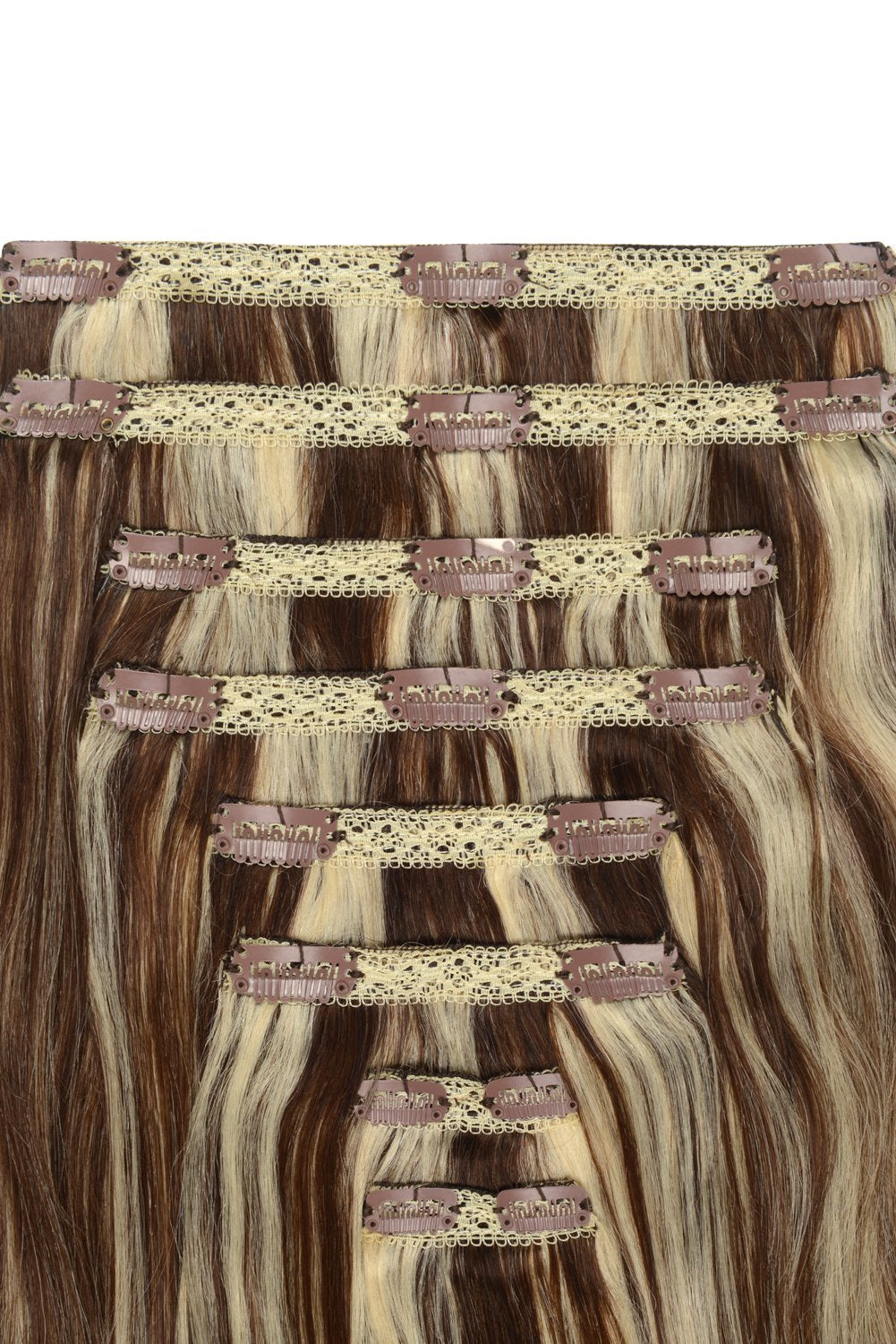 Double Wefted Full Head Remy Clip in Human Hair Extensions - Cookies & Cream (#4/613)