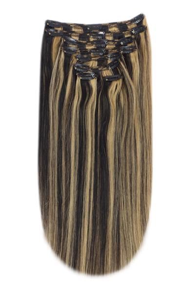 Full Head Remy Clip in Human Hair Extensions - Natural Black/Blonde Mix (#1B/27)