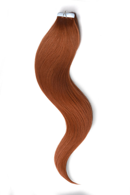 tape in hair extensions 100% human hair. Remy extensions USA. Natural Red color