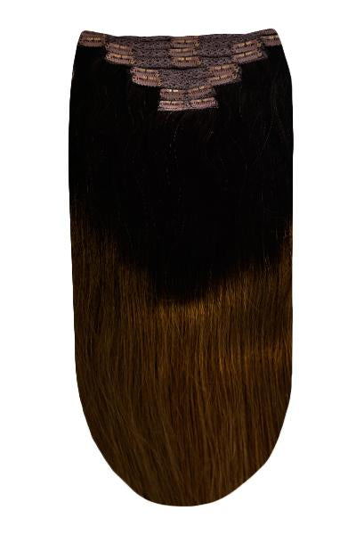 Human clip in hair extensions ombre dark brown & light brown shade T2/6
